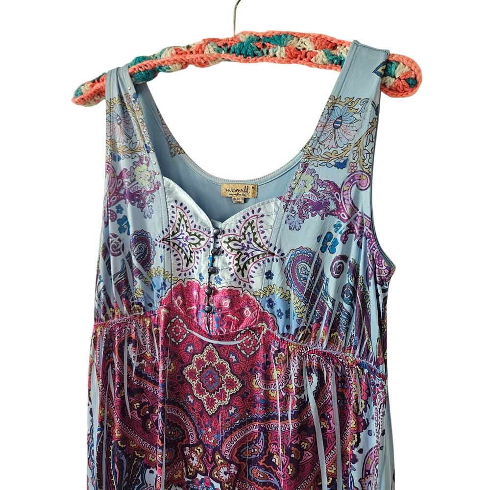 One world blue satin maxi tank dress medium rhinestone gypsy boho beach paisley